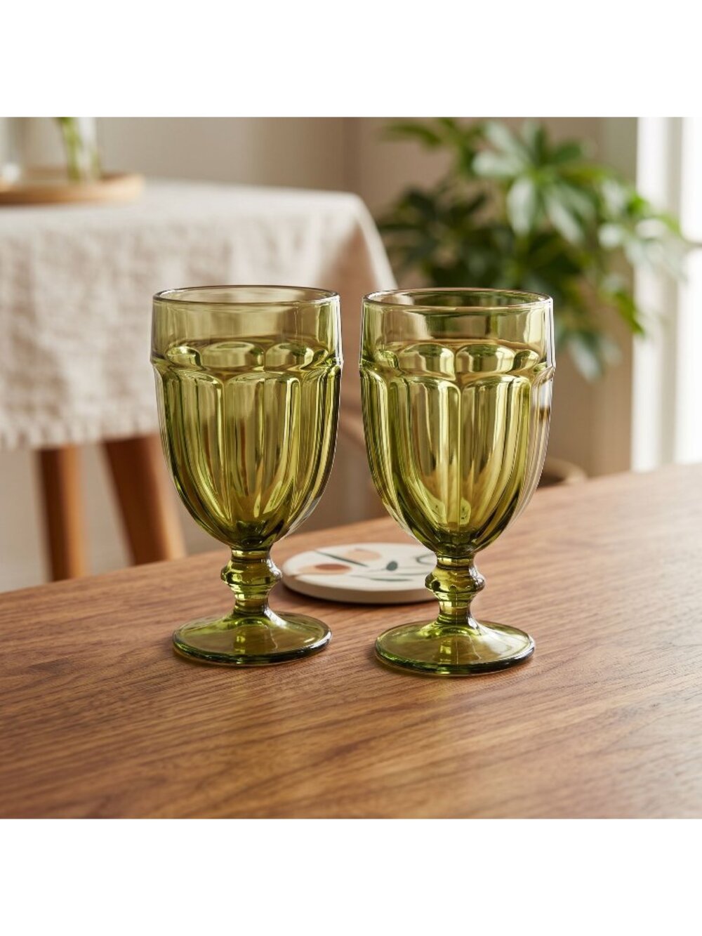 Pair Vintage Avocado Green Stemmed Goblets J.G. Durand France Glassware 7"